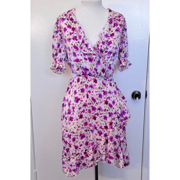 MISA Los Angeles Floral Watercolor Wrap Mini Dress Size Large - Picture 2 of 5